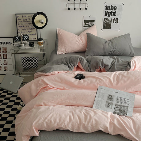 Japanese Solid Color Double Spliced Washed Cotton Four-Piece Set Minimalist Style Quilt Cover Bed Sheet Fitted Sheet Dormitory Bedding Three-Piece Set Wholesale