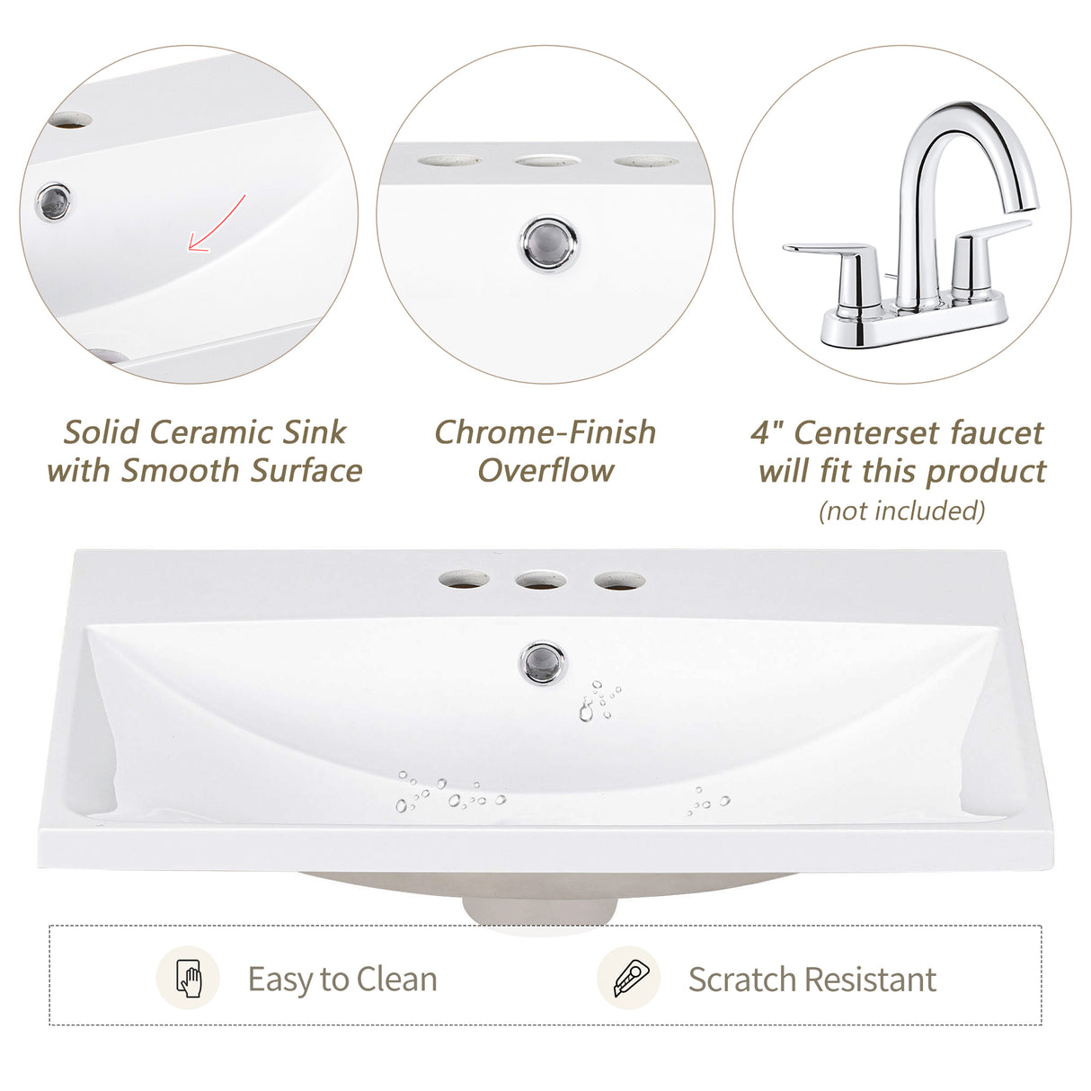 24" White Modern Sleek Bathroom Vanity Elegant Ceramic Sink with Solid Wood Frame Open Style Shelf