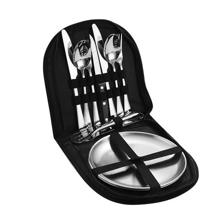 Stainless Steel Tableware Outdoor Camping Western Style Steak Knife Fork Spoon Dinner Plate Set Portable Cloth Bag Set