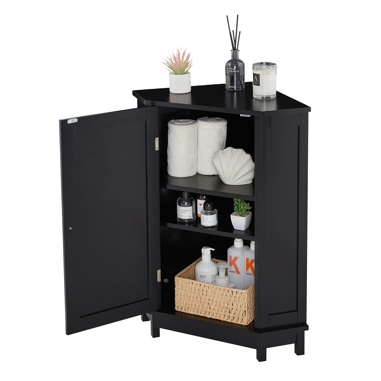 Black Bathroom Cabinet Triangle Corner Storage Cabinet with Adjustable Shelf Modern Style MDF Board