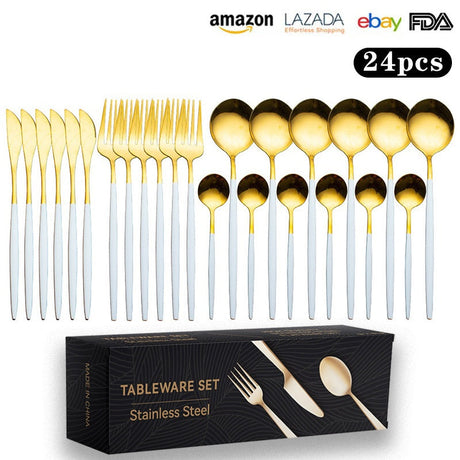 Cutlery Set Stainless Steel Knife Fork Set 24-Piece Tableware Set Golden Steak Knife Fork Spoon 6-Person Set eprolo