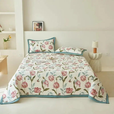 Beige Floral Reversible Quilt Set - 3 Pieces, Twin/Queen Size - Julia M LifeStyles