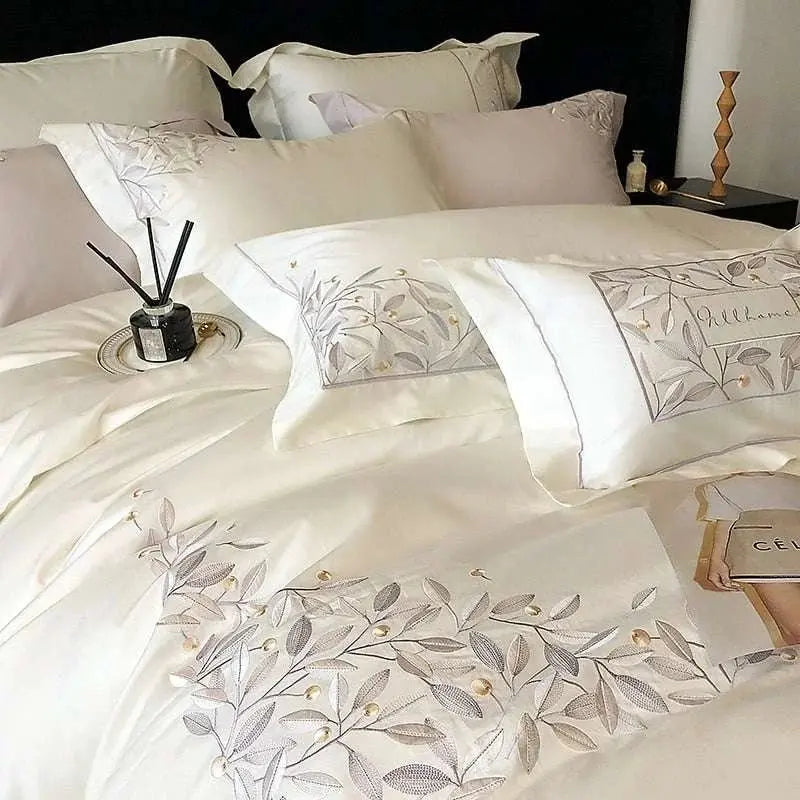 Embroidered Leaves Bedding Set - Julia M LifeStyles