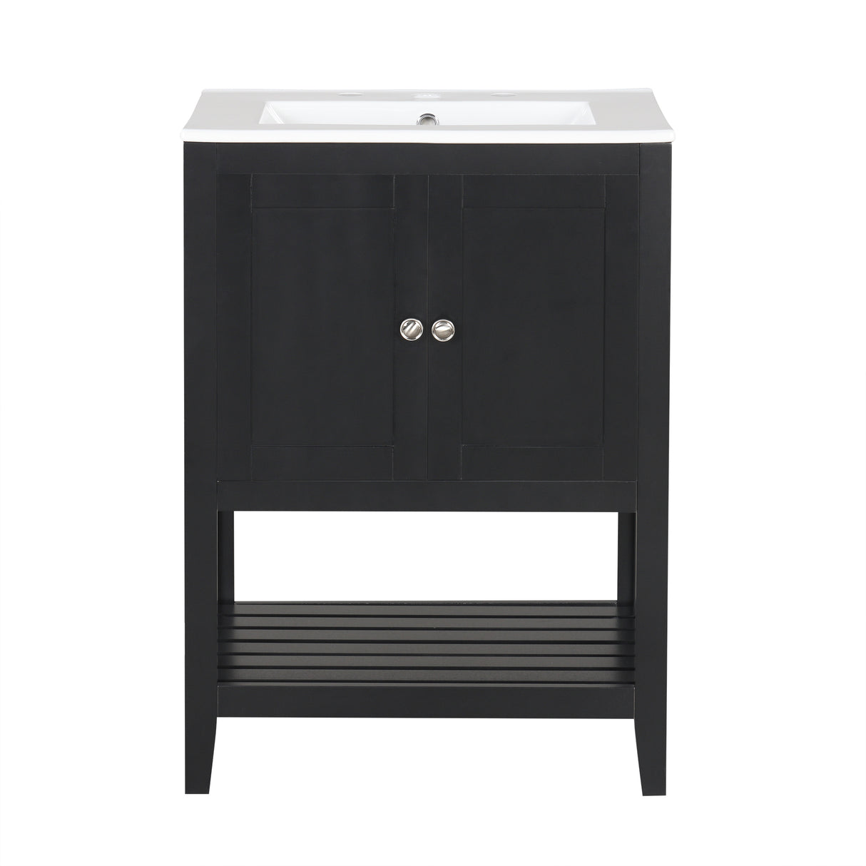24" Black Modern Sleek Bathroom Vanity Elegant Ceramic Sink with Solid Wood Frame Open Style Shelf