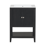 24" Black Modern Sleek Bathroom Vanity Elegant Ceramic Sink with Solid Wood Frame Open Style Shelf