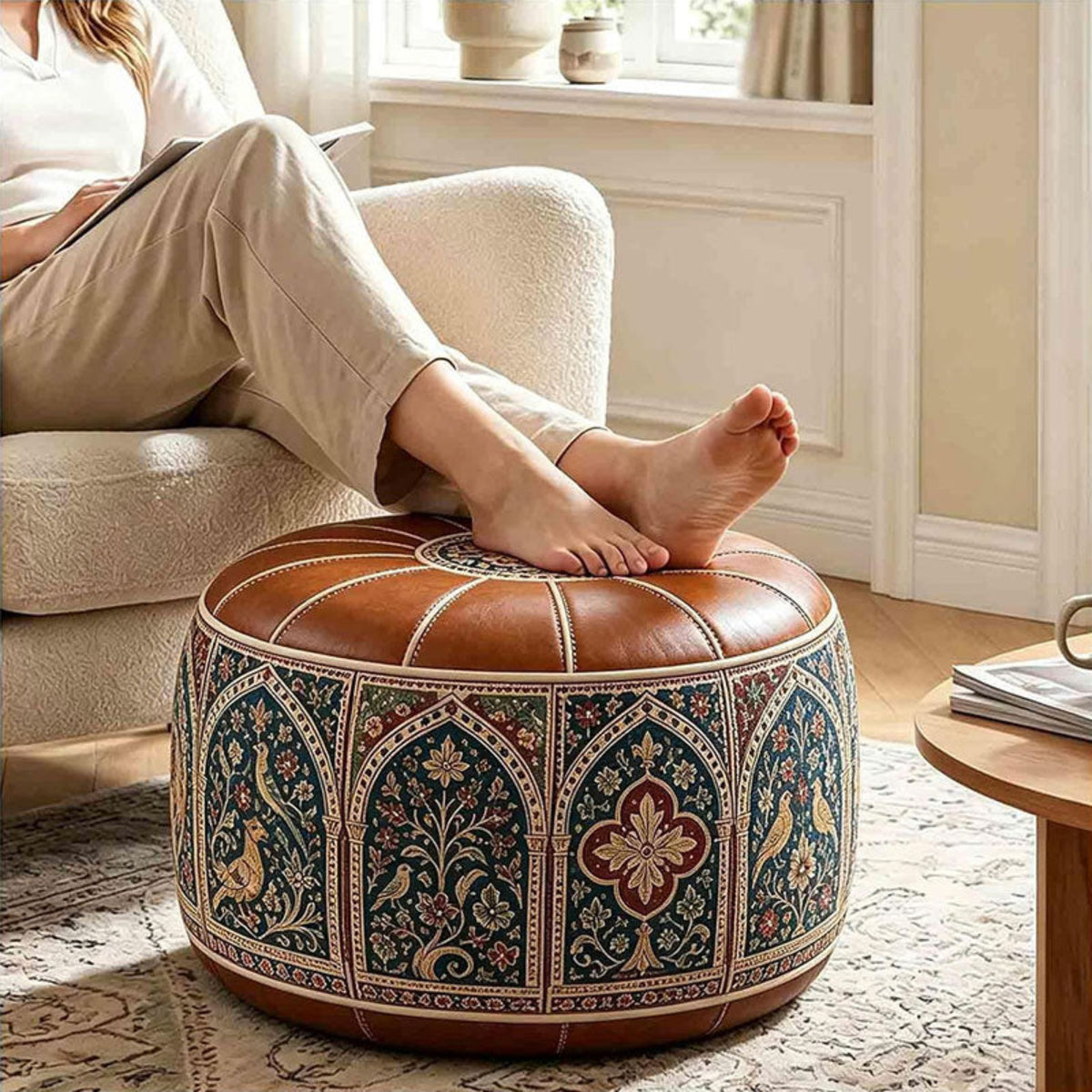 Heritage Floral Storage Ottoman Pouf – Vintage Leather-Style Accent Cover