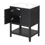 24" Black Modern Sleek Bathroom Vanity Elegant Ceramic Sink with Solid Wood Frame Open Style Shelf