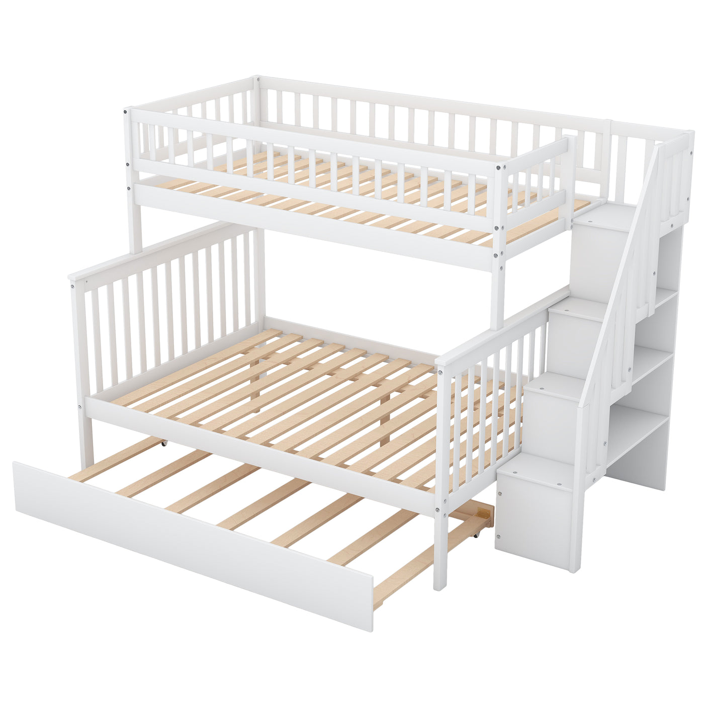 Twin over Full Bunk Bed with Trundle and Staircase White - Julia M LifeStyles