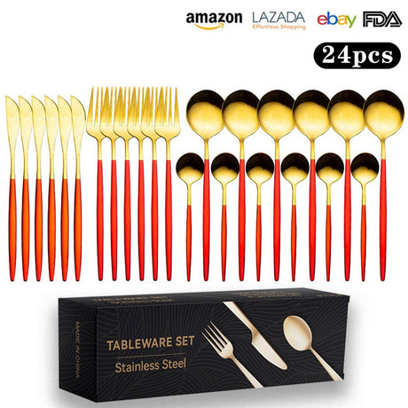 Cutlery Set Stainless Steel Knife Fork Set 24-Piece Tableware Set Golden Steak Knife Fork Spoon 6-Person Set eprolo