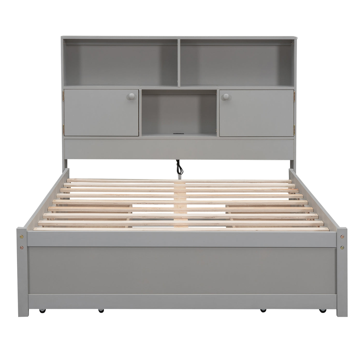 Full Size Platform Bed with Storage Headboard, Charging Station and 4 Drawers, Gray - Julia M LifeStyles