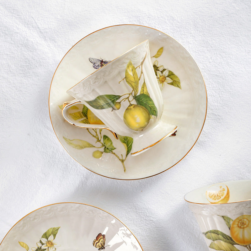 European - style Elegant Lemon Espresso Cups Set: Includes Tea Cups, Saucers, Ceramic Mugs, and a Dessert Plate eprolo