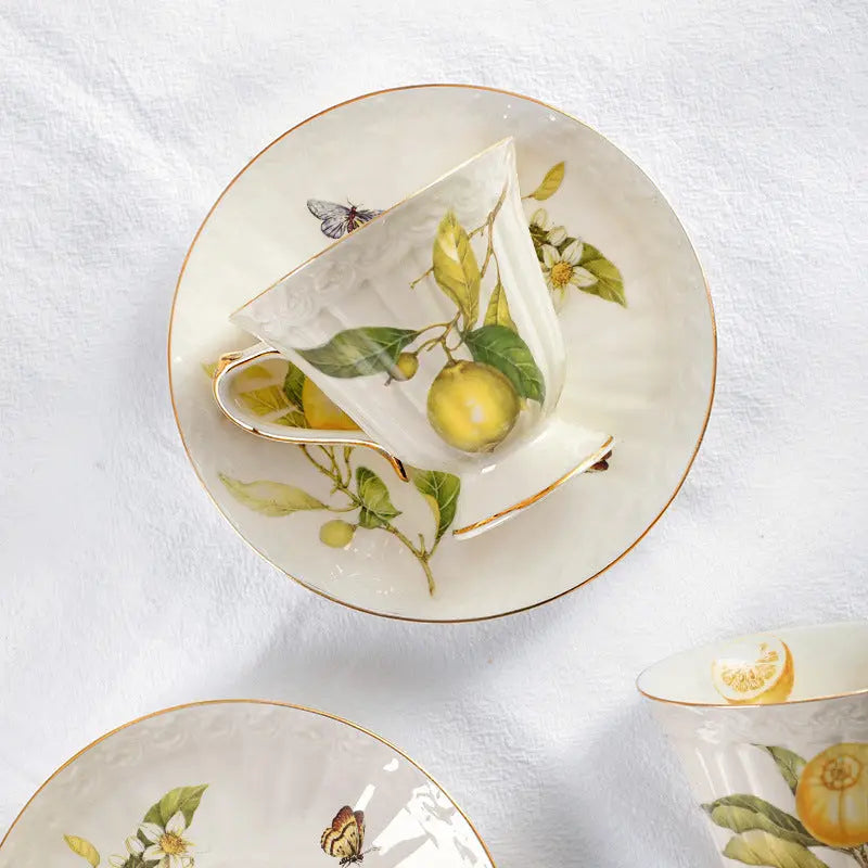 European - style Elegant Lemon Espresso Cups Set: Includes Tea Cups, Saucers, Ceramic Mugs, and a Dessert Plate eprolo