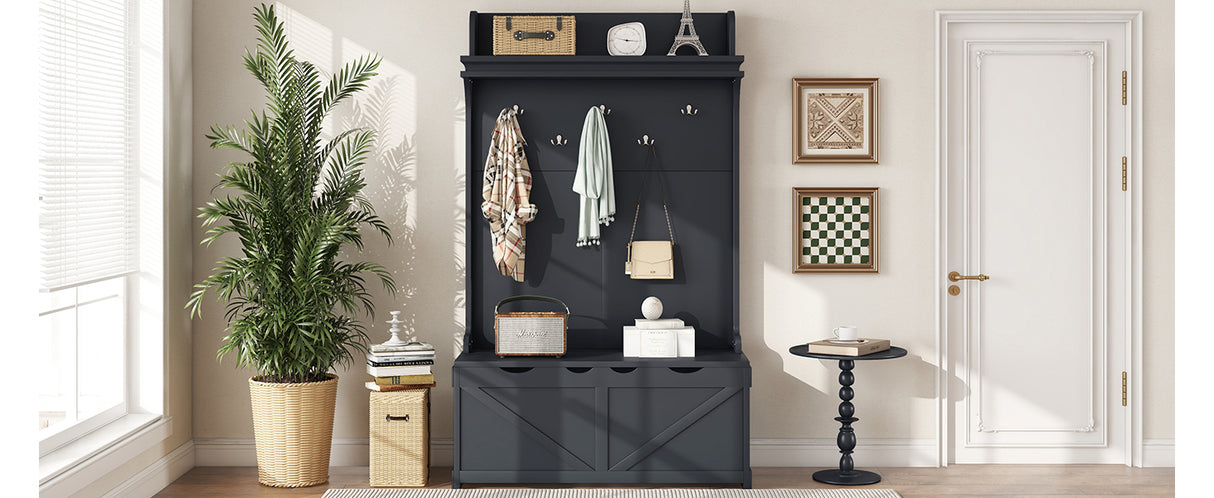 Hall tree with storage desk, entrance desk with drawers and 5 hooks, display rack, dark blue