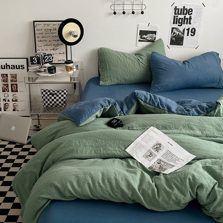Japanese Solid Color Double Spliced Washed Cotton Four-Piece Set Minimalist Style Quilt Cover Bed Sheet Fitted Sheet Dormitory Bedding Three-Piece Set Wholesale