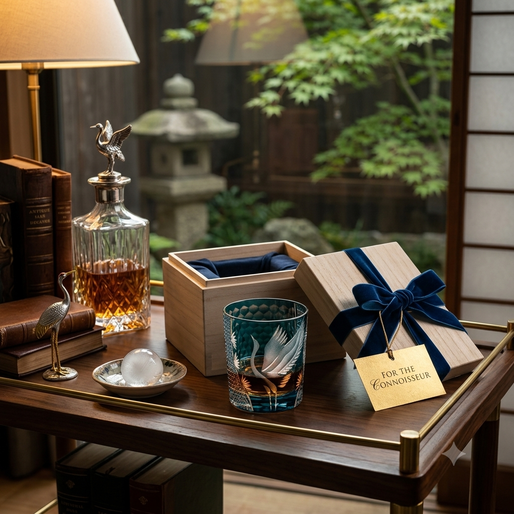 A wooden presentation gift box with a navy blue ribbon and bow, tied with a gold tag reading 'FOR THE CONNOISSEUR', displayed on a wooden table next to a glass decanter, books, and a blue patterned tumbler in a cozy indoor setting.