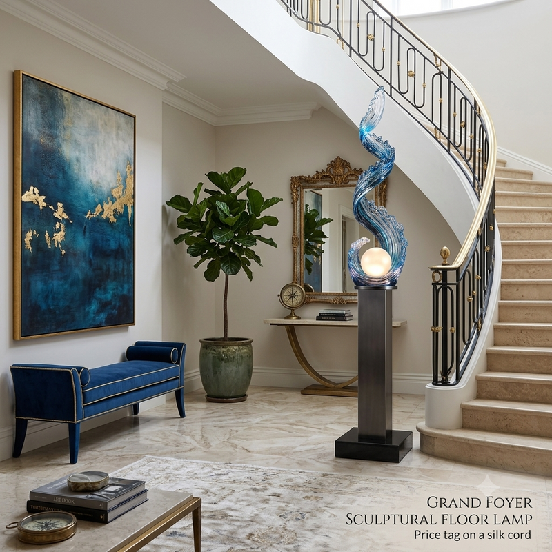 Julia M™ Grand Foyer Sculptural Floor Lamp with modern architectural design and integrated LED illumination