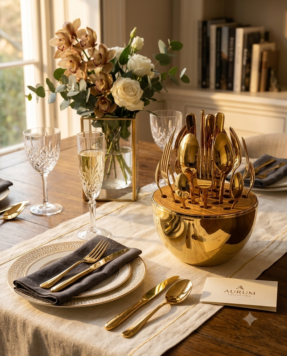 A styled dining table setting featuring a reflective gold bowl-shaped cutlery holder filled with gold-toned flatware, alongside matching gold cutlery on plates with dark gray napkins, crystal glasses, a floral centerpiece, and a card reading AURUM.