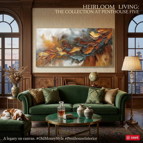 A styled interior room with a large abstract canvas painting hanging above a green sofa. The artwork features swirling brushstrokes in gold, brown, orange, gray, and blue.