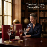 Man in a suit holding a glass of whiskey in a luxurious room with books and a globe.