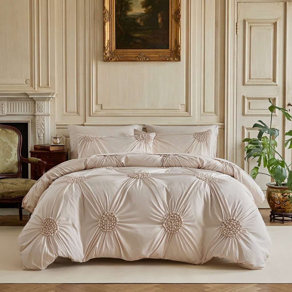 Brushed Duvet Cover Set With Button Detailing And Pleated Ruffles