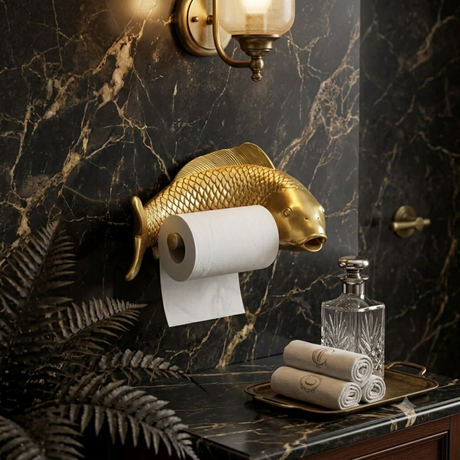 A gold fish-shaped toilet paper holder mounted on a dark marble bathroom wall, holding a white toilet paper roll. A brass wall sconce, folded towels on a tray, and a glass decanter are visible in the styled bathroom setting.