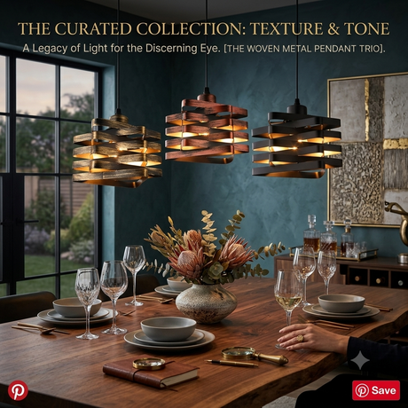 Three woven metal pendant lights with textured, layered cylindrical shades hang over a wooden dining table set for a meal in a styled dining room. A large text banner at the top reads 'THE CURATED COLLECTION: TEXTURE & TONE' and 'A Legacy of Light for the Discerning Eye.