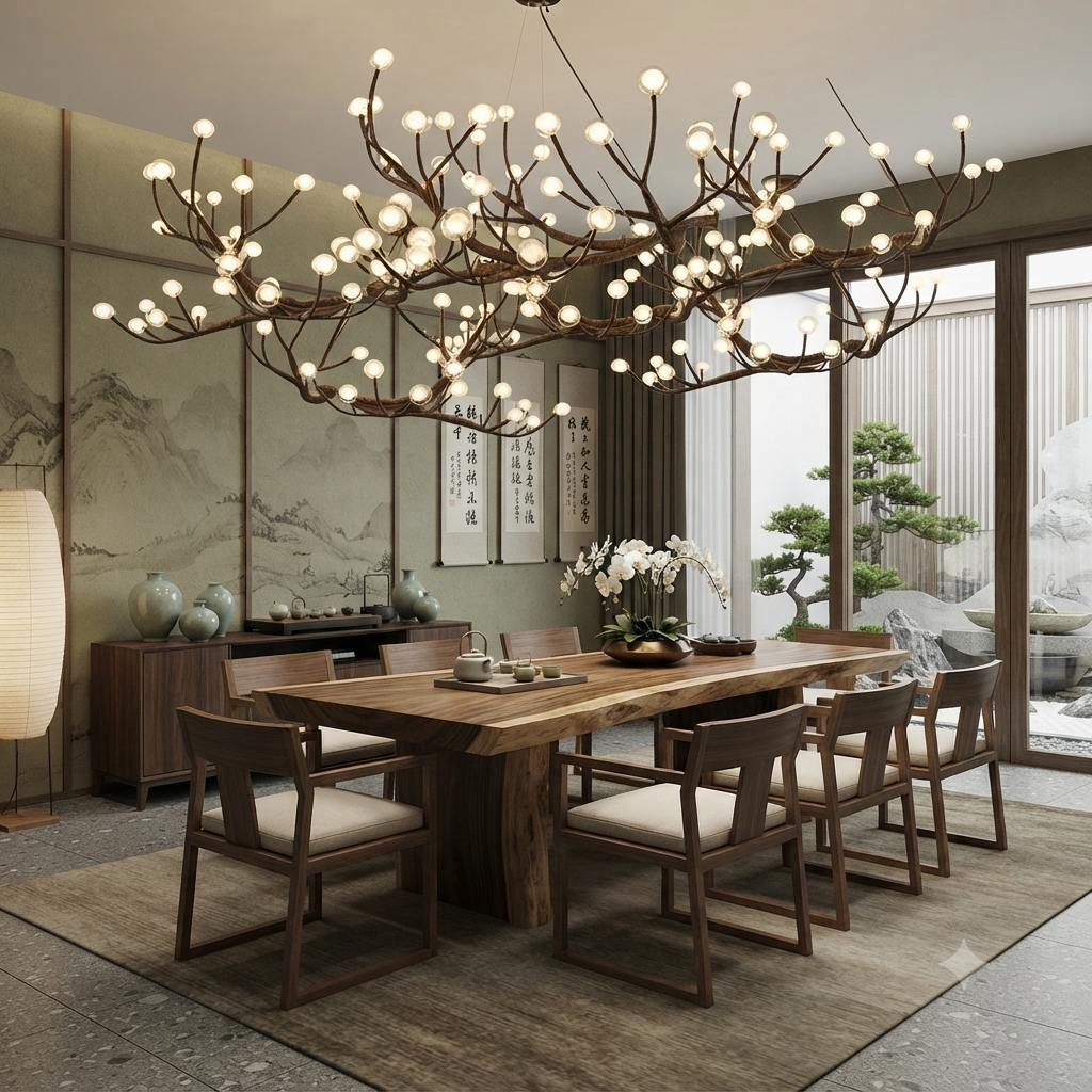 A large branch-shaped chandelier with many glowing globe bulbs hangs over a wooden dining table and chairs in a modern, elegant dining room with Asian-inspired wall art and large windows.