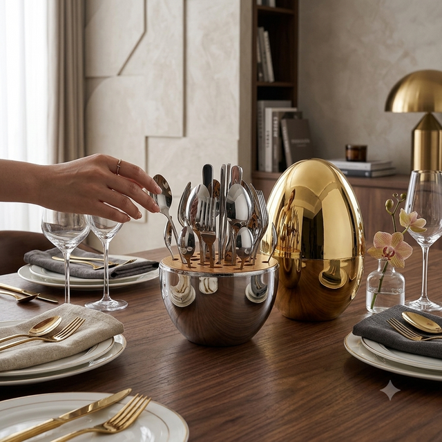 A polished silver bowl-shaped utensil holder filled with metallic cutlery sits on a wooden dining table, alongside a large reflective gold egg-shaped container and place settings. A person's hand is visible reaching toward the utensils, and the scene is set in a real interior dining environment.