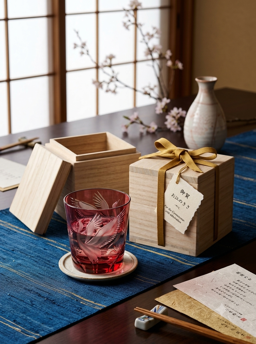 A red etched glass cup on a small saucer beside a light wood presentation box with a gold ribbon and tag, set on a blue table runner in a Japanese-style interior with a shoji screen and vase in the background.