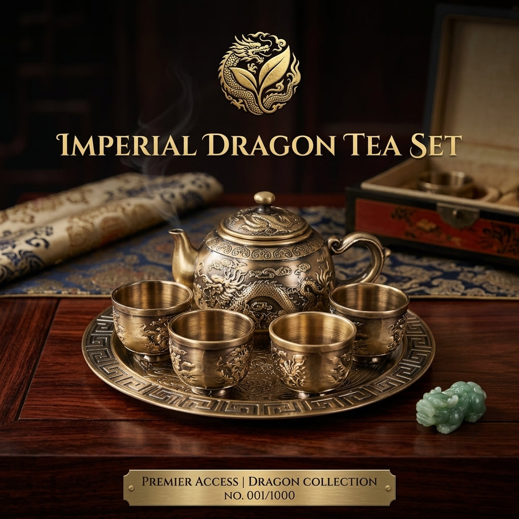 An ornate bronze-toned tea set displayed on a dark wooden table, featuring a teapot, four matching cups, and a decorative tray. The set is presented with a dragon emblem and the text 'IMPERIAL DRAGON TEA SET' at the top, and a label at the bottom reading 'PREMIER ACCESS | DRAGON COLLECTION NO.