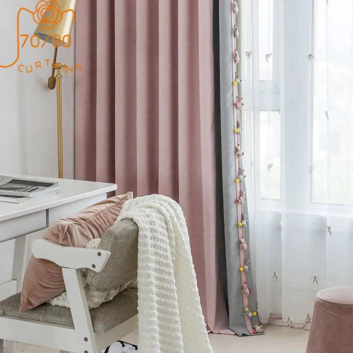 Girls' Pink Gray Patchwork Pony Lace Thickened Chenille Curtains for Living Room Bedroom Balcony Decoration Finished Product - Julia M LifeStyles