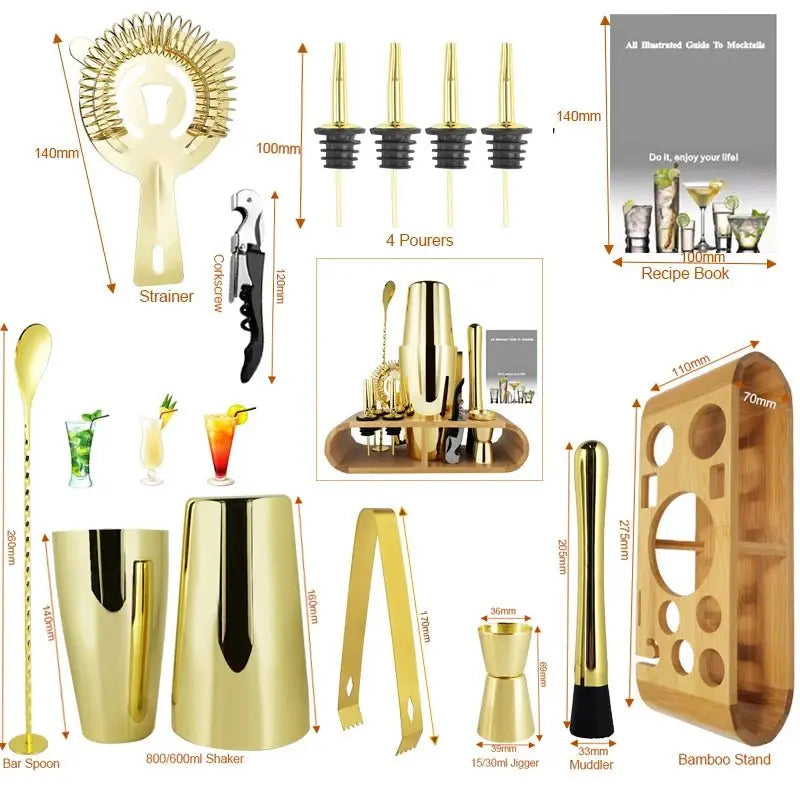 Gold Boston Cocktail Shaker Set with Bamboo Stand - Julia M LifeStyles