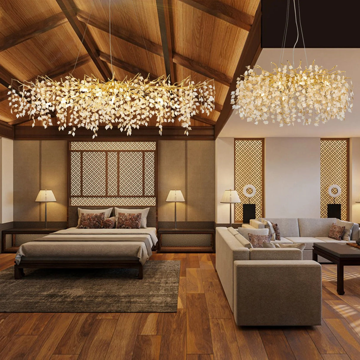 Large Gold Brass Crystal Chandelier with Raindrop Leaf Design