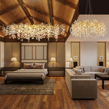 Large Gold Brass Crystal Chandelier with Raindrop Leaf Design