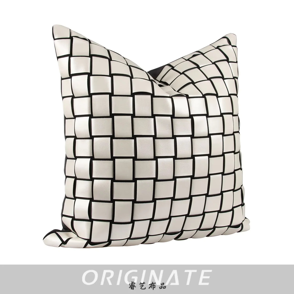Leather White Simple Geometric Pattern Pillowcase Hand Woven square Check Home Cushion Cover