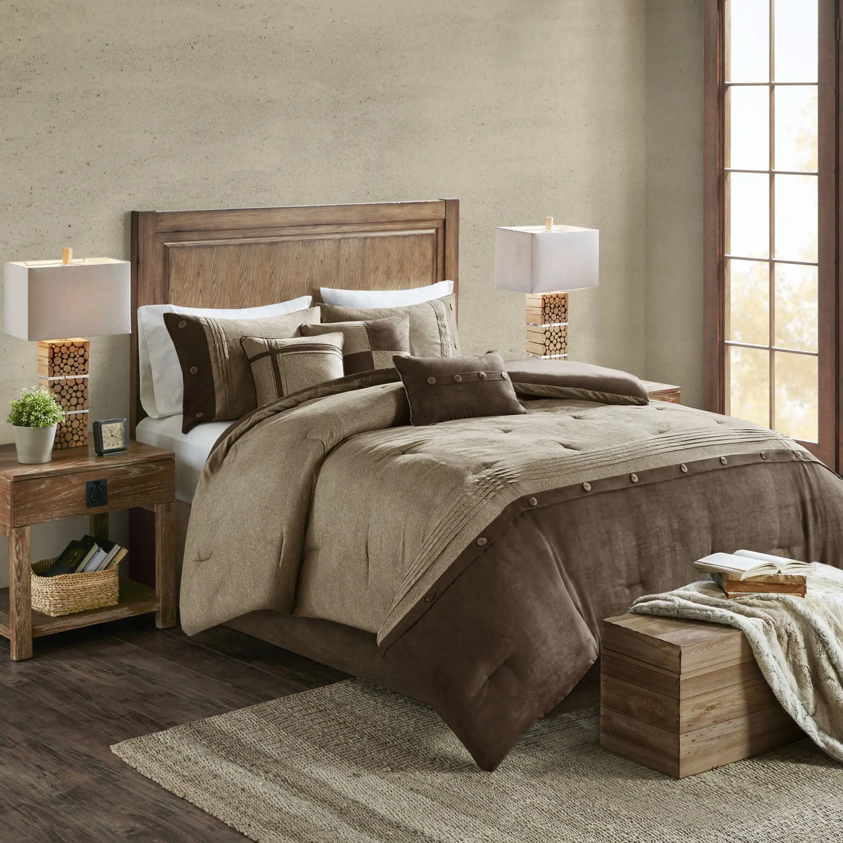 Floral & Solid 7-Piece Faux Suede Comforter Set - King, Queen, Super King