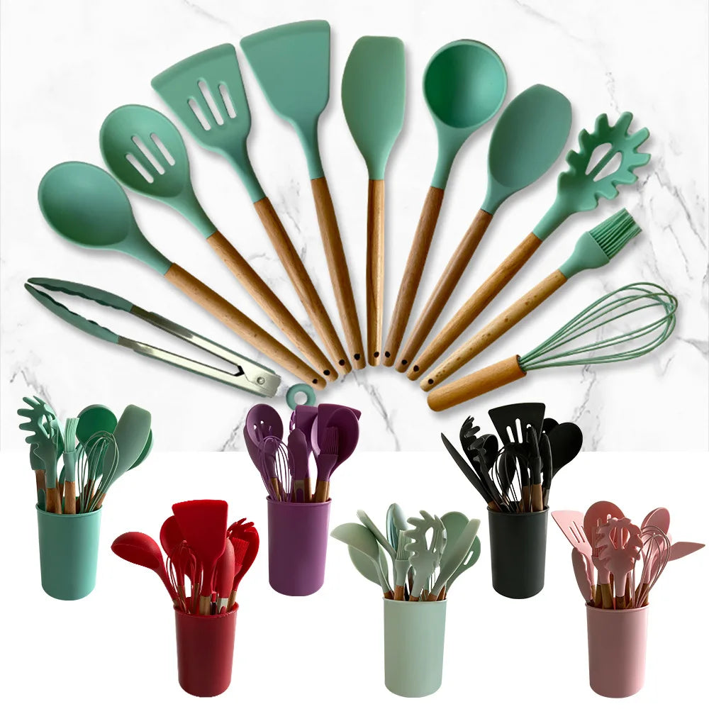 Silicone Kitchen Utensil Set - 11 Pieces with Storage Bucket