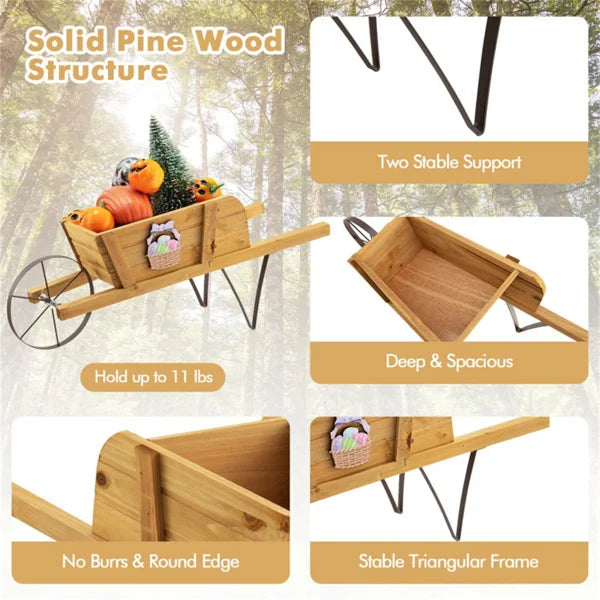 2-in-1 Wheelbarrow Planter with 9 Magnetic Accessories Wooden Wagon for Garden Yard Flower Pots & Planters