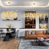 Large Gold Brass Crystal Chandelier with Raindrop Leaf Design