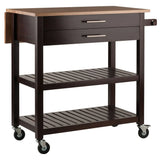 Langdon Modern Kitchen Cart with Drop Leaf Cappuccino and Natural Wood Finish Stainless Steel Panel