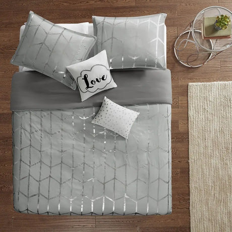 King Twin Size Geometric Floral Metallic Duvet Cover Set