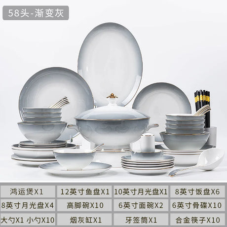 Elegant Gradient Grey Bone China Tableware Set - 60 Pieces