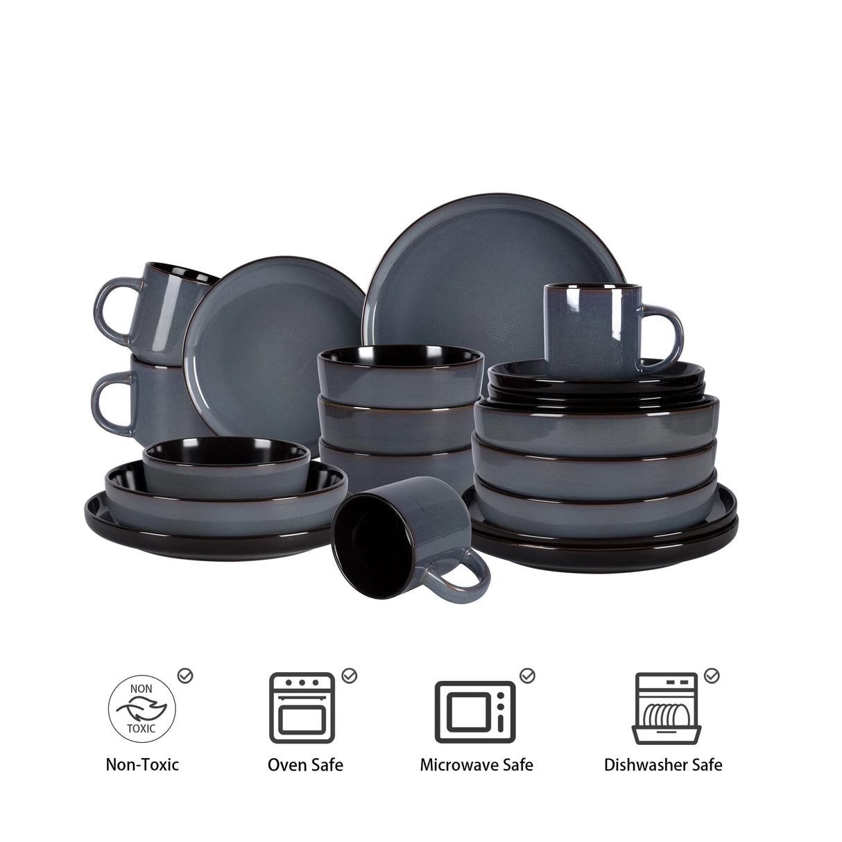 Nordic Style Round Stoneware 20pc Dinnerware Sets Reactive Glaze Includes Plate Bowl and Dishes