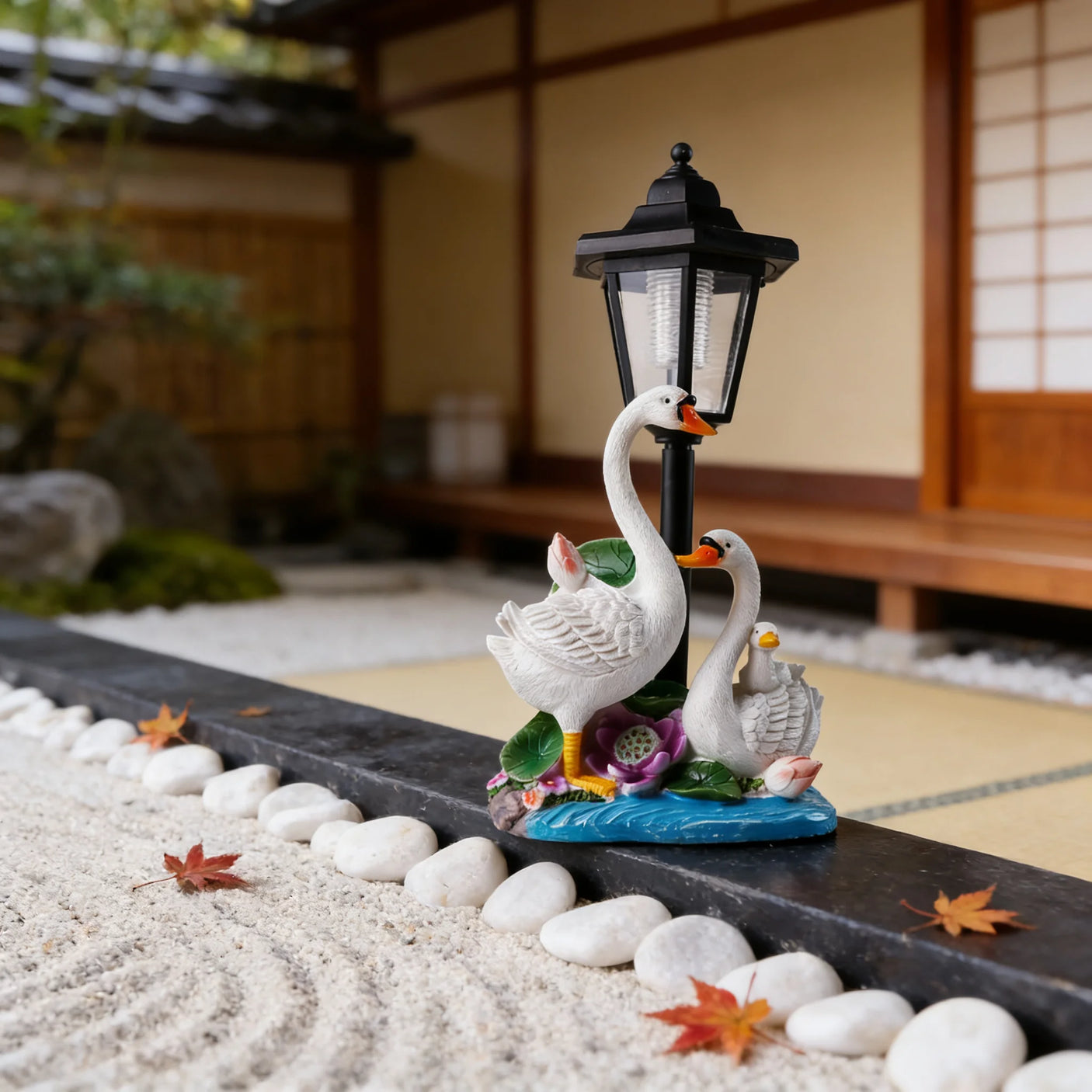 Swan Family Resin Street Lamp Decoration Piece