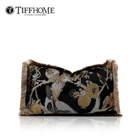 TIFFHOME Modern Organic Decorative Bed Sofa Pillows Cushions Black Gold Waist Pillow Cases with Flower Bird Tassels Home Decor