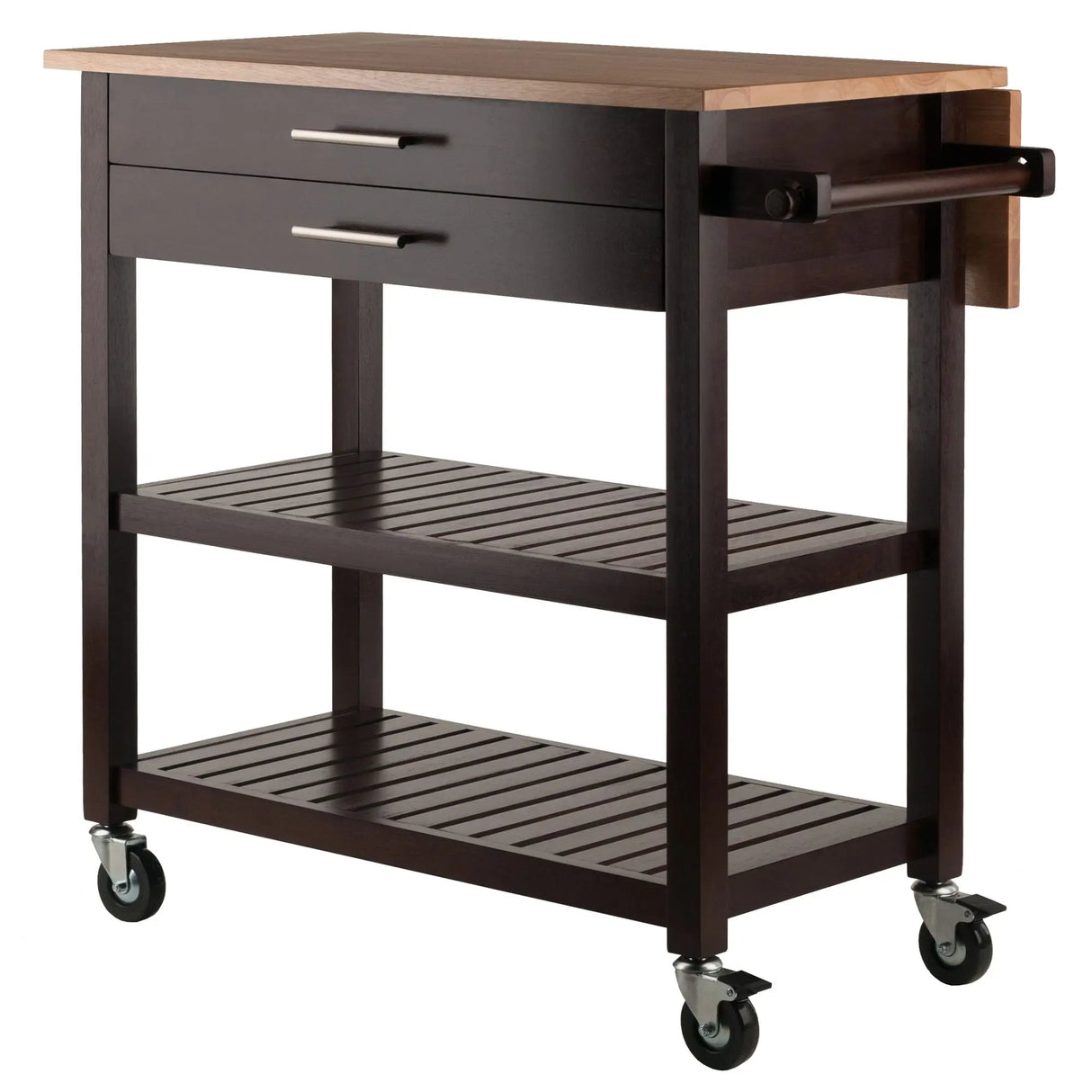 Langdon Modern Kitchen Cart with Drop Leaf Cappuccino and Natural Wood Finish Stainless Steel Panel