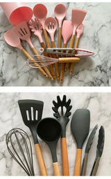 Silicone Kitchen Utensil Set - 11 Pieces with Storage Bucket
