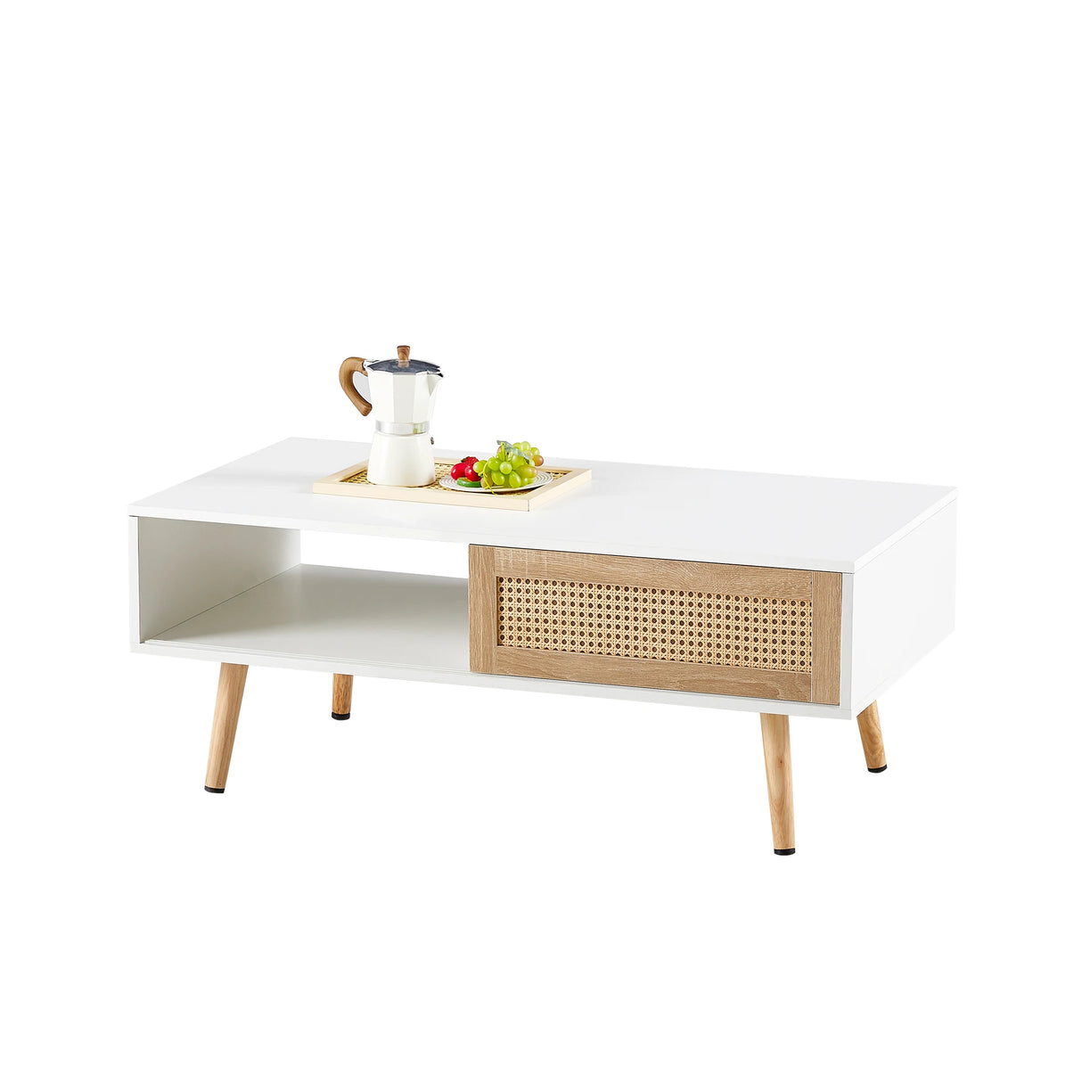 Modern Rattan Coffee Table with Sliding Door Storage and Wood Legs