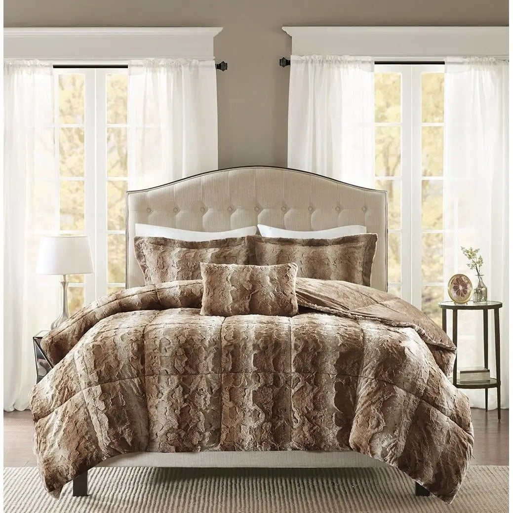 4PC Faux Fur Comforter Set Floral Printed Super King King Queen Soft Comfortable for Home Hotel Wedding PVC Cotton Julia M LifeStyles