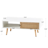 Modern Rattan Coffee Table with Sliding Door Storage and Wood Legs
